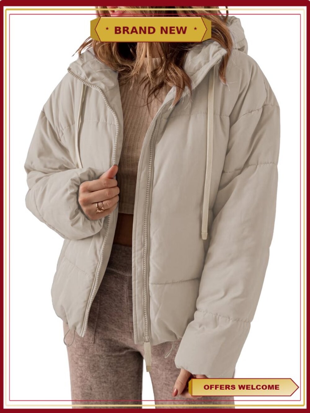 SHEWIN Hooded Puffer Jacket Full Zip Short Coat Pockets Winter Warm